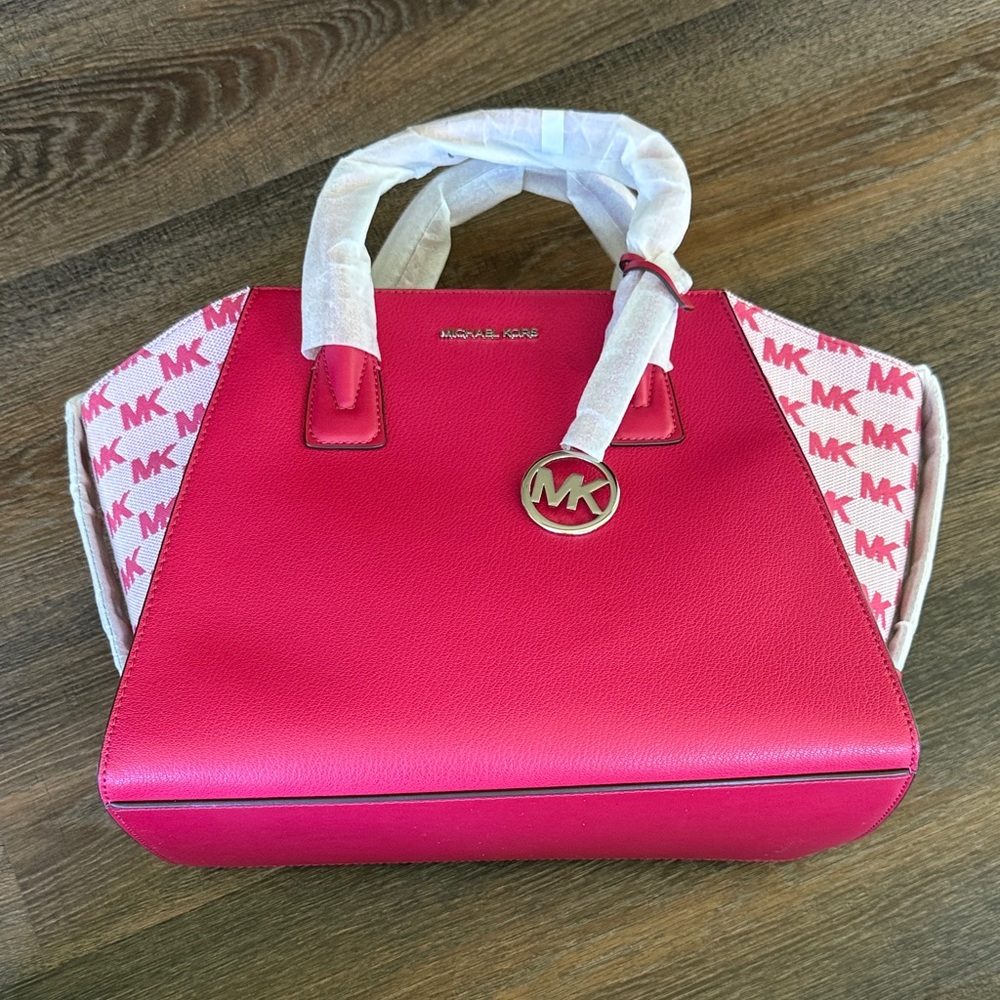 Michael Kors Avril LARGE Leather & Logo Jacquard Satchel in dark raspberry